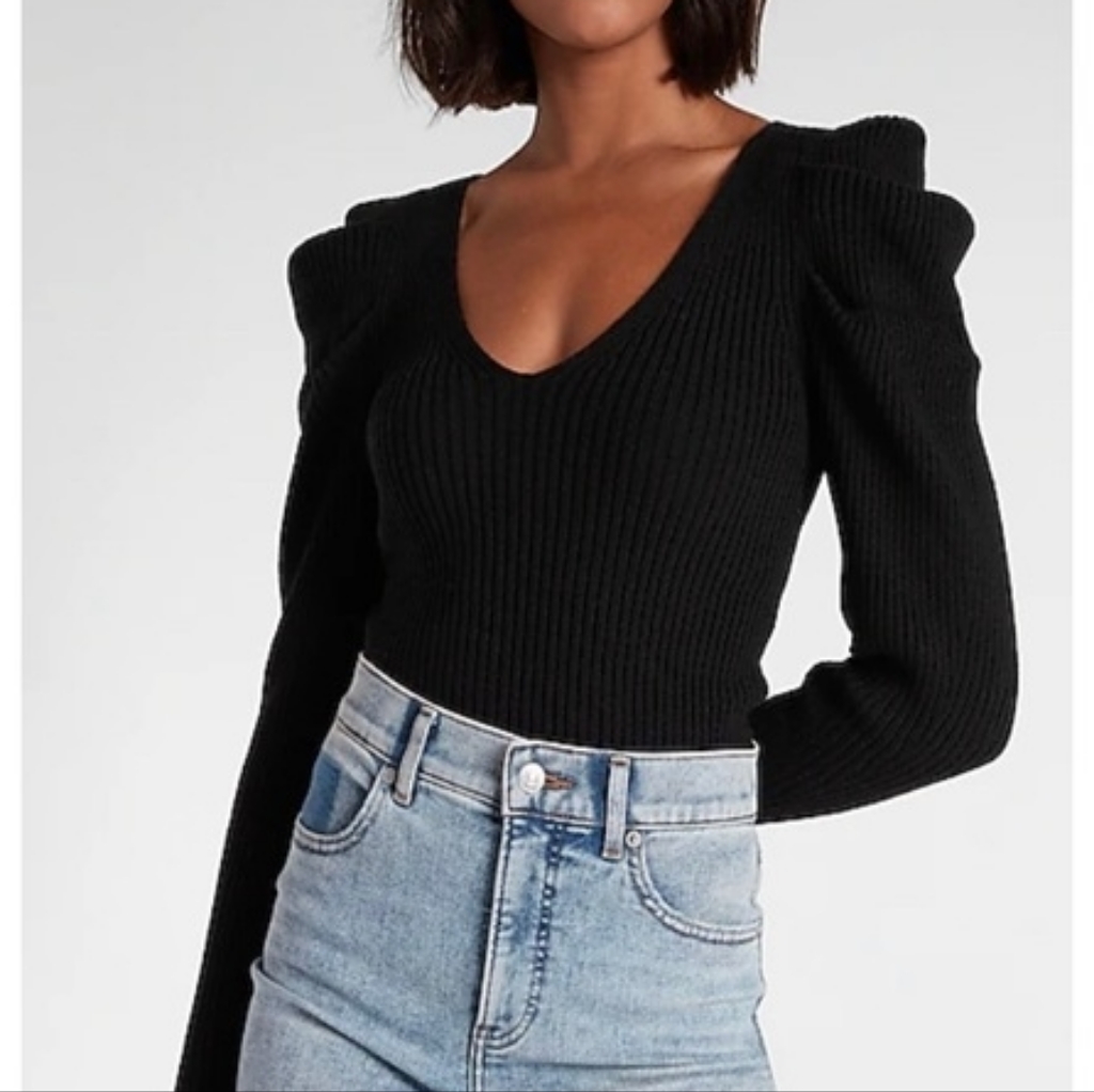Express Black V-Neck Sweater With Puffed Shoulders Xs